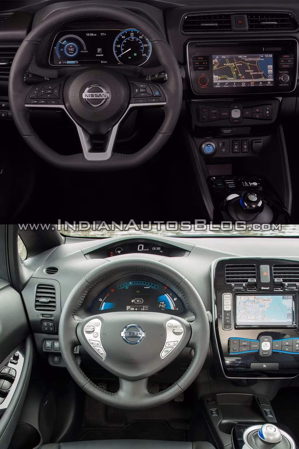 Về không gian nội thất, Nissan Leaf thế hệ thứ hai phát huy tính truyền thống của hãng với thiết kế khu vực bảng điều khiển kiểu mới, cụm thiết bị, hệ thống thông tin giải trí và vô-lăng gợi thừa hưởng phong cách từ những mẫu xe mới nhất của Nissan như: Nissan Micra, Nissan Kicks và Nissan X-Trail. Trang bị công nghệ gồm một màn hình cảm ứng màu 7-inch, hệ thống giải trí thông tin Nissan Connect tích hợp Apple CarPlay, dàn âm thanh 7 loa BOSE cao cấp.