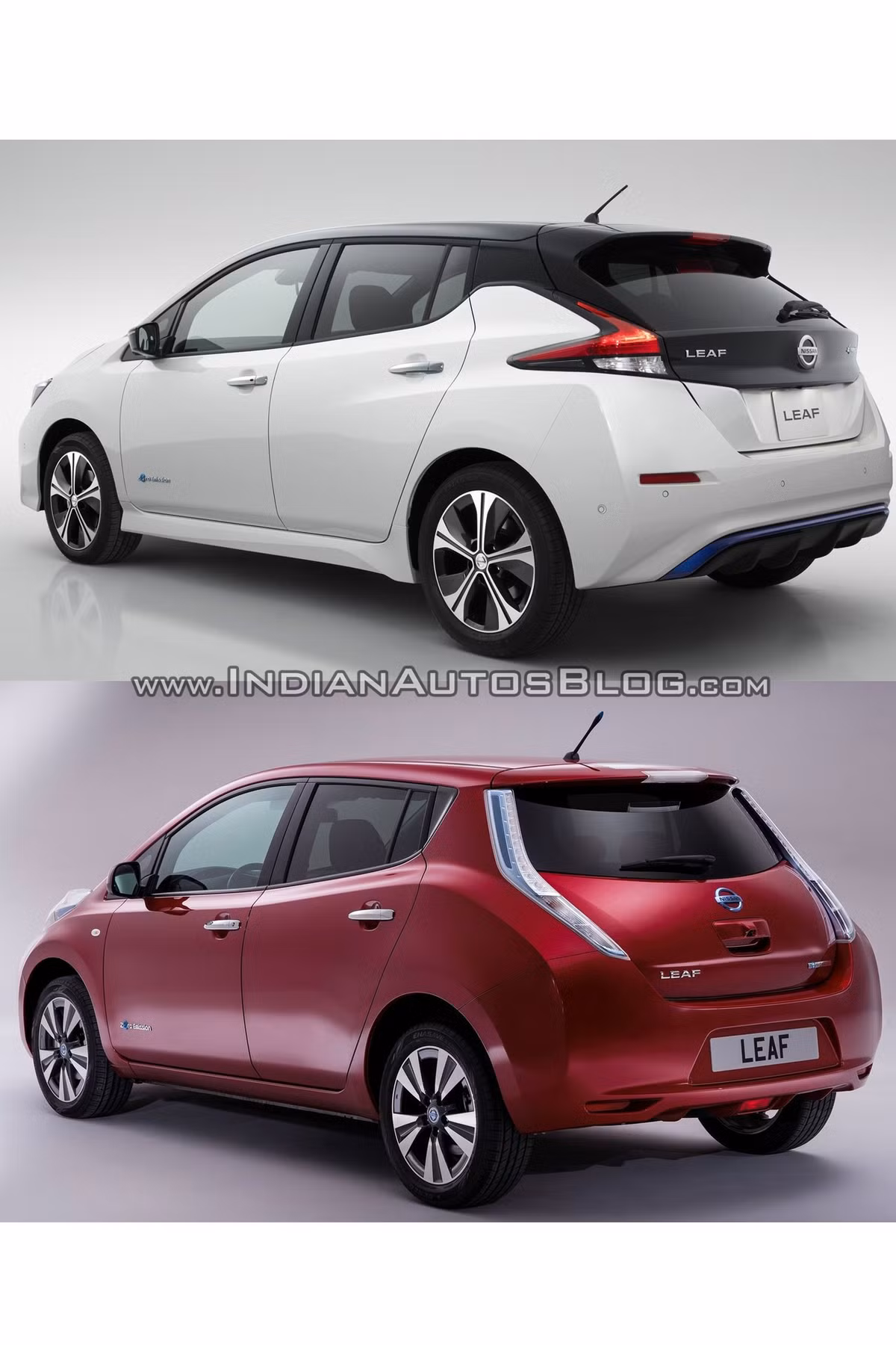 Về thông số kích thước, Nissan Leaf thế hệ thứ 2 có chiều dài dài hơn 35 mm, rộng hơn 20 mm và thấp hơn 10 mm so với thế hệ đầu tiên. Cụ thể, Nissan Leaf thế hệ đầu có chiều dài 4.445 mm, rộng 1.770 mm và chiều cao 1.550 mm. Leaf 2018 có chiều dài 4.480 mm, rộng 1.790 mm và chiều cao 1.540 mm. Chiều dài cơ sở của cả hai phiên bản là như nhau (2.700 mm). 