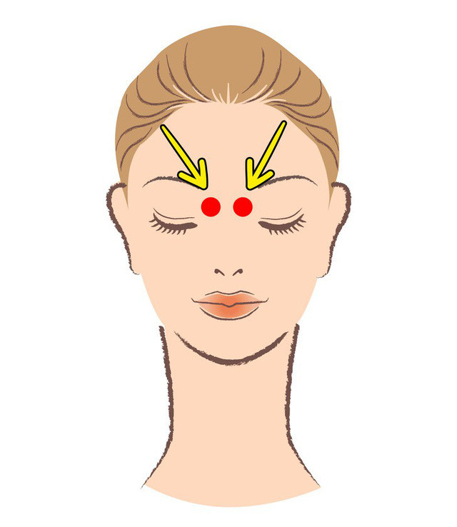 9. Xoa bóp huyệt toản trúc: Huyệt toản trúc nằm đối xứng dưới chân lông mày ở phía trong. Massage khu vực này cũng làm giảm chảy nước mũi và giảm đau đầu. Massage khoảng một phút bằng cách ấn hoặc xoa theo vòng tròn.