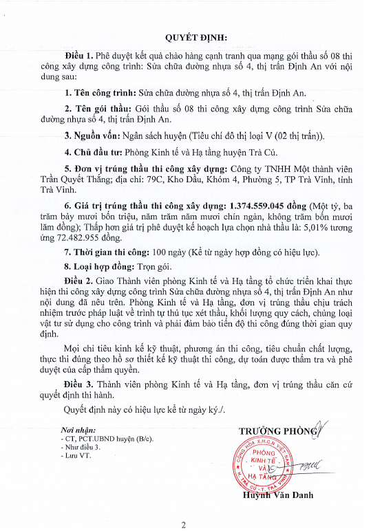 Tra Vinh: Cong bo ket qua 2 goi thau xay lap o Tra Cu