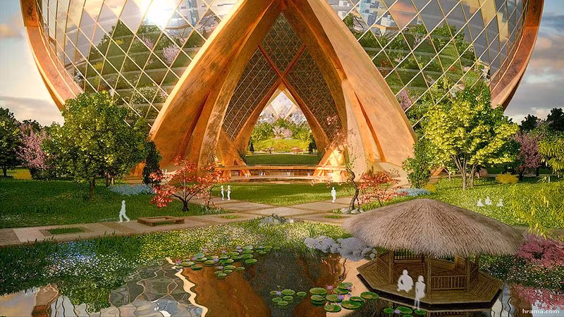 Thành phố này gây ấn tượng với việc mỗi bông sen là một thế giới đô thị trên cao. Trong không gian đặc biệt này, con người sống, làm việc, mua sắm, giải trí, giáo dục.