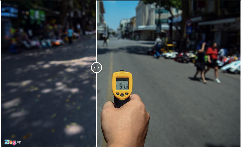 Nhiệt độ mặt đường đo được trong bóng râm tại phố Hàng Khay chỉ ở mức 35 độ C, nhưng khi không còn ở trong bóng mát lập tức tăng lên tới gần 52 độ C.