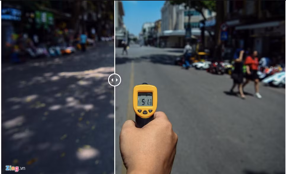 Nhiệt độ mặt đường đo được trong bóng râm tại phố Hàng Khay chỉ ở mức 35 độ C, nhưng khi không còn ở trong bóng mát lập tức tăng lên tới gần 52 độ C.