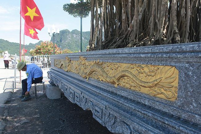 Cây được trồng trong một chậu lớn bằng đá, xung quanh chậu có đắp những con rồng để thể hiện ý nghĩa tên của cây.