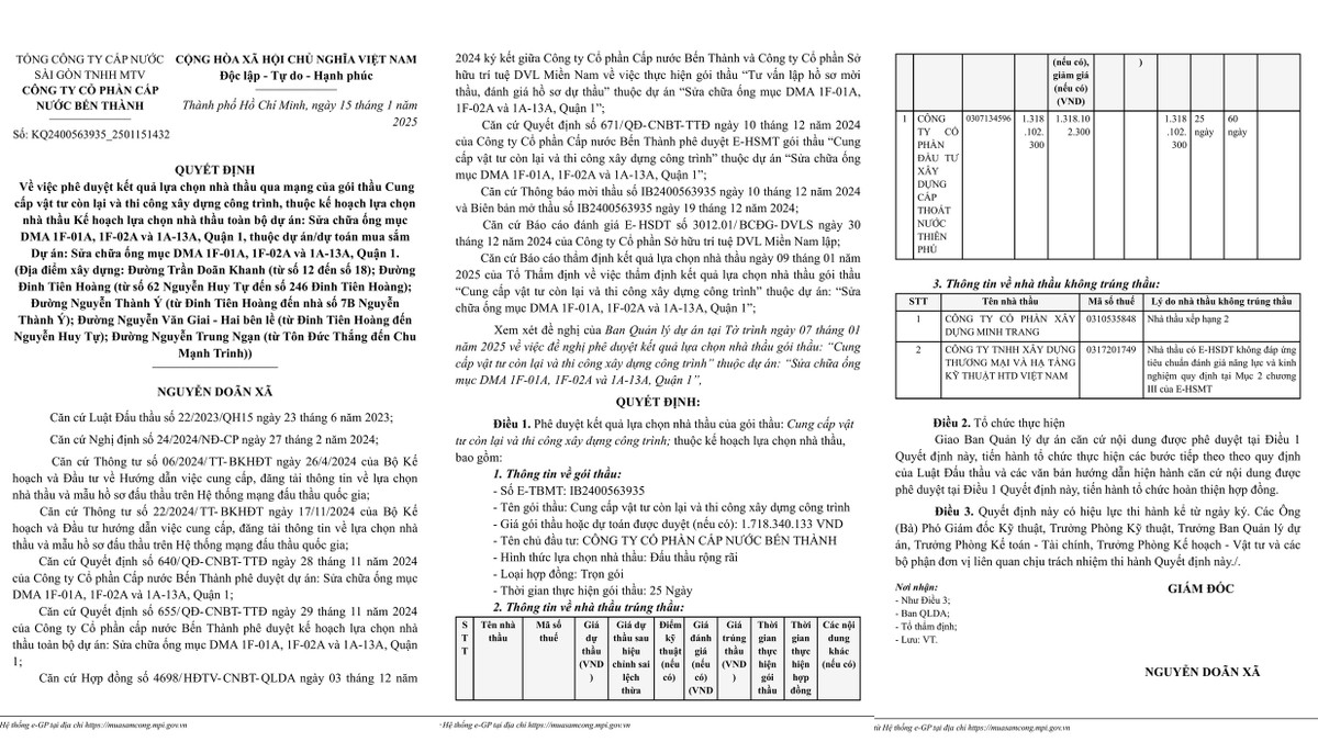 Cty Thien Phu lien tiep trung 2 goi thau tai cap nuoc Ben Thanh