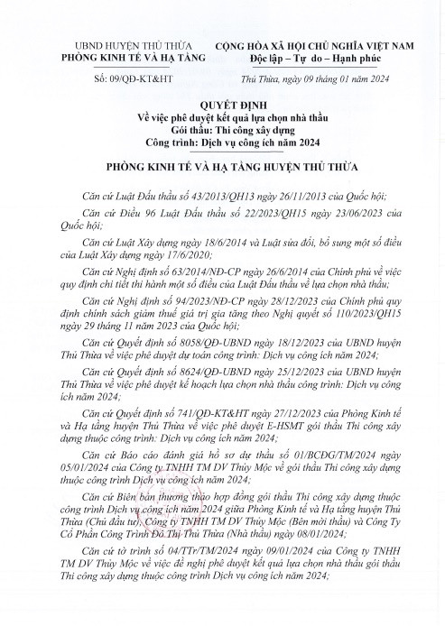 Cong ty CP Cong trinh do thi Thu Thua 1 ngay trung 2 goi thau