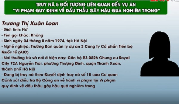 Bị can Trương Thị Xuân Loan, Trưởng Ban Quản lý dự án 3 Công ty AIC đang bị truy nã theo quyết định truy nã số 10 của Cơ quan CSĐT Bộ Công an, bị truy tố về hành vi phạm tội “Vi phạm quy định về đấu thầu gây hậu quả nghiêm trọng”, quy định tại khoản 3, Điều 222 Bộ luật Hình sự.