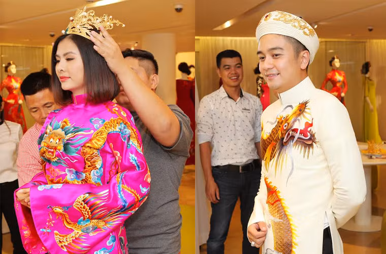 Những tiểu tiết trên bộ trang phục như mắt, bờm đều được thực hiện tỉ mỉ sao cho chân thật nhất. Kèm với bộ trang phục này còn có mấn cho chú rể rất đẹp mắt với bộ “song long”, vương miện cô dâu chạm trổ họa tiết rồng, họa tiết rất kì công từ những viên đá quý và ngọc trai.