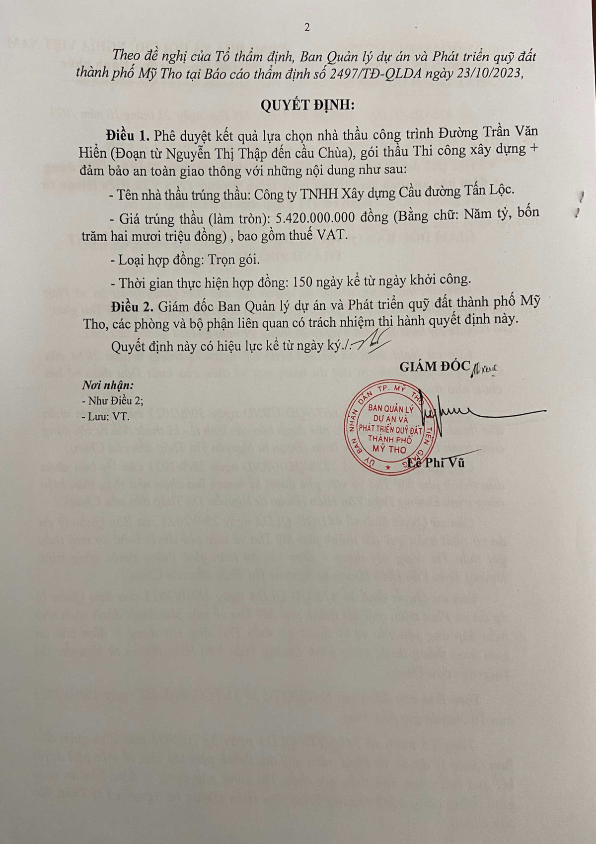 Tan Loc trung 3 goi thau lon tai Ban QLDA &PTQD TP My Tho