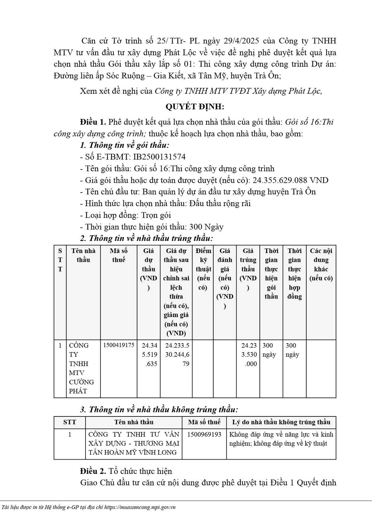 Vinh Long: Cuong Phat trung goi thau lam duong hon 24 ty tai Tra On