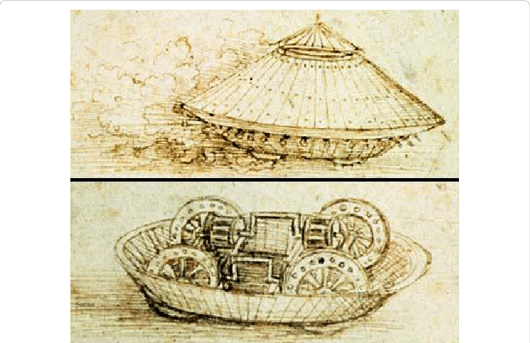 Một sáng chế vĩ đại khác của Da Vinci là xe tăng bọc thép. Khi còn sống, ông thiết kế một chiếc xe kéo chạy bằng sức người. Cỗ máy này được bao phủ trong các tấm kim loại.