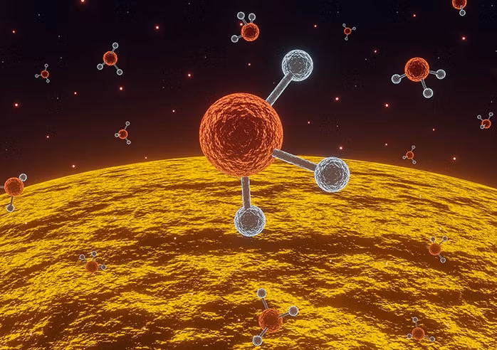 Trên trái đất, phosphine (có công thức hóa học PH3) được tìm thấy với số lượng hạn chế trong đường ruột của con người và cá, trên những cánh đồng lúa nước, sinh ra trong quá trình phân hủy xác động thực vật, nhất là phần xương.