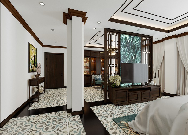 Phòng khách ngăn với phòng ngủ bằng cửa trượt gỗ, có thể đóng mở theo nhu cầu của chủ sở hữu.