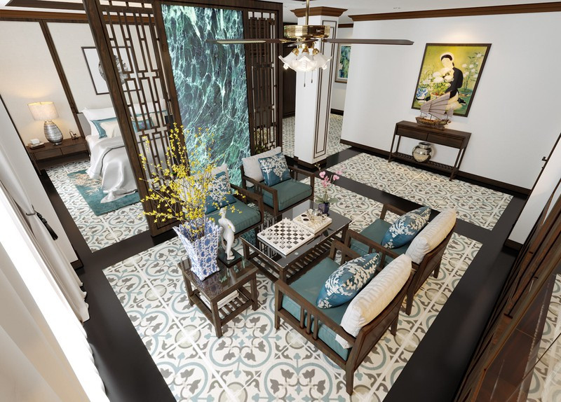 Tranh trang trí, hoa và vật lưu niệm được trưng bày theo đúng phong cách của ngôi nhà.