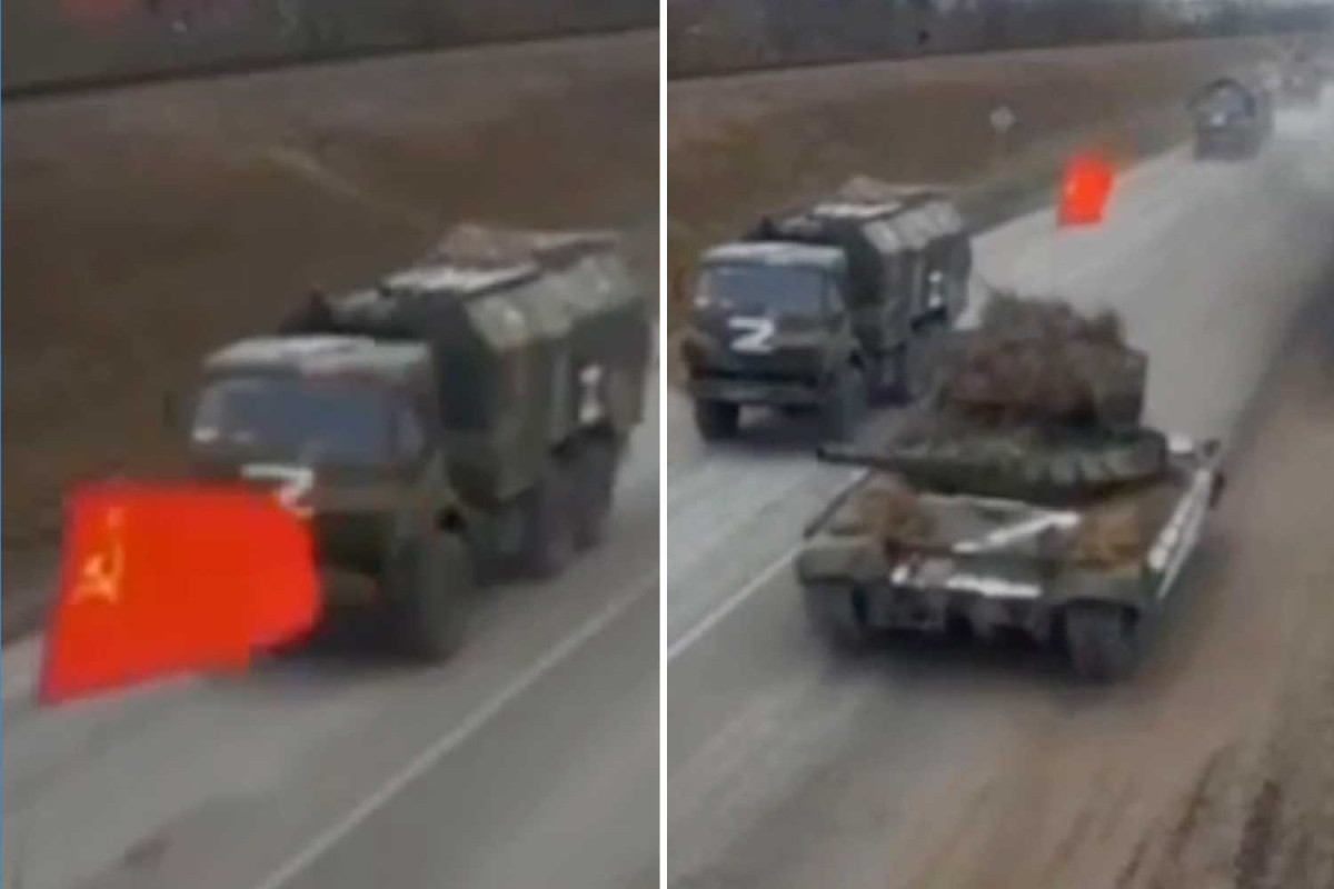 Trước đó, một đoạn video khác cũng ghi lại cảnh, chiếc xe tăng treo cờ Liên Xô tăng tốc, vượt qua hàng dài thiết giáp và cơ giới Nga đang di chuyển trên đường, sau đó vượt lên dẫn đầu đoàn phương tiện này.