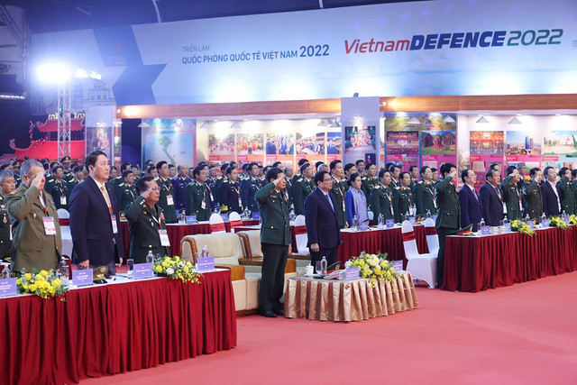 Thủ tướng Phạm Minh Chính và các đại biểu dự Lễ khai mạc Triển lãm Quốc phòng quốc tế Việt Nam 2022. Ảnh: Dương Giang - TTXVN