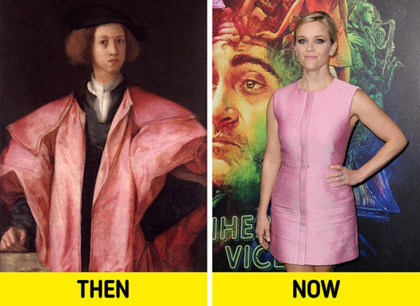 Trang phục màu hồng: Từ lâu, màu đỏ được xem là biểu tượng của sức mạnh, niềm đam mê. Màu hồng cũng thuộc tông màu đỏ song có phần nhạt hơn. Chính vì vậy, trước đây nam giới rất ưa thích trang phục màu hồng để thể hiện sự nam tính, mạnh mẽ. Đến thế kỷ 19, nam giới mới bắt đầu mặc các màu tối. Theo thời gian, màu hồng ngày càng gắn liền với phụ nữ.