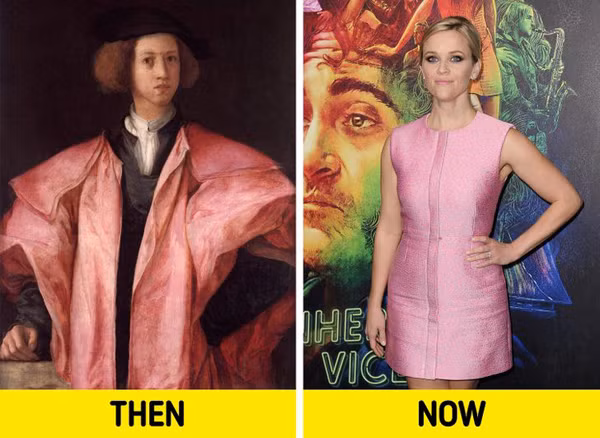 Trang phục màu hồng: Từ lâu, màu đỏ được xem là biểu tượng của sức mạnh, niềm đam mê. Màu hồng cũng thuộc tông màu đỏ song có phần nhạt hơn. Chính vì vậy, trước đây nam giới rất ưa thích trang phục màu hồng để thể hiện sự nam tính, mạnh mẽ. Đến thế kỷ 19, nam giới mới bắt đầu mặc các màu tối. Theo thời gian, màu hồng ngày càng gắn liền với phụ nữ.