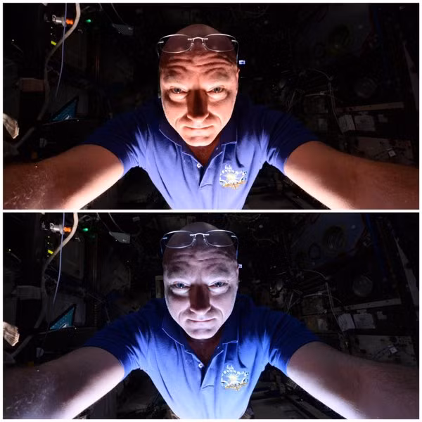 Phi hành gia của NASA, Scott Kelly đã chụp hai bức ảnh "tự sướng", hiển thị ánh sáng phản xạ từ Trái đất trong khi Trạm vũ trụ quốc tế quay xung quanh hành tinh xanh. Bức đầu tiên là ánh sáng hắt lên khi tàu vũ trụ bay qua sa mạc ở Bắc Phi, bức thứ hai chỉ vài giây sau đó, ở bờ biển Địa Trung Hải. Scott gọi tên những bức ảnh này là "Trái đất tỏa sáng".