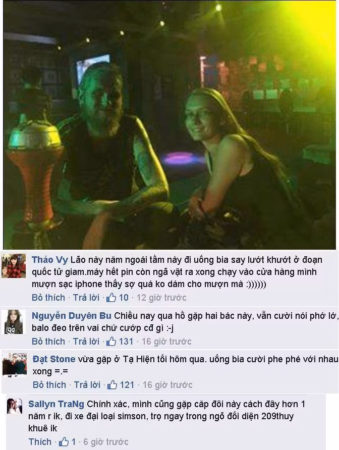 Tuy nhiên, cặp đôi Tây này lại bị nhiều dân mạng, bạn trẻ "tố" là lừa đảo. Bằng chứng là những bức ảnh họ check-in tại một quán bar ở Tạ Hiện, cùng với nhiều phản ánh từ các nhân chứng. Hiện đông đảo dân mạng vẫn đang tiếp tục tìm hiểu kỹ hơn, cố gắng xác minh hoàn cảnh thật của cặp đôi này.