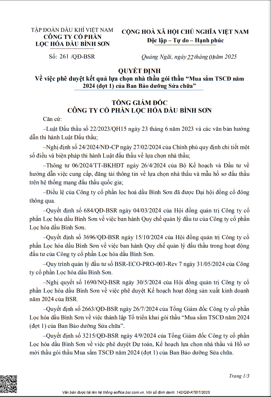 Goi thau mua sam TSCD hon 9,6 ty cua BSR da tim duoc 2 nha cung cap