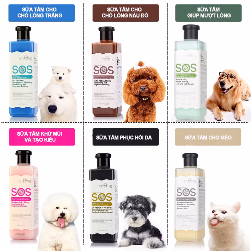 Sữa tắm, dầu gội xả, đủ các thương hiệu, các loại mùi hương mùi; lược, bộ dụng cụ chuyên dụng để chải, tỉa lông... có giá bán từ 50.000 - 500.000 đồng.