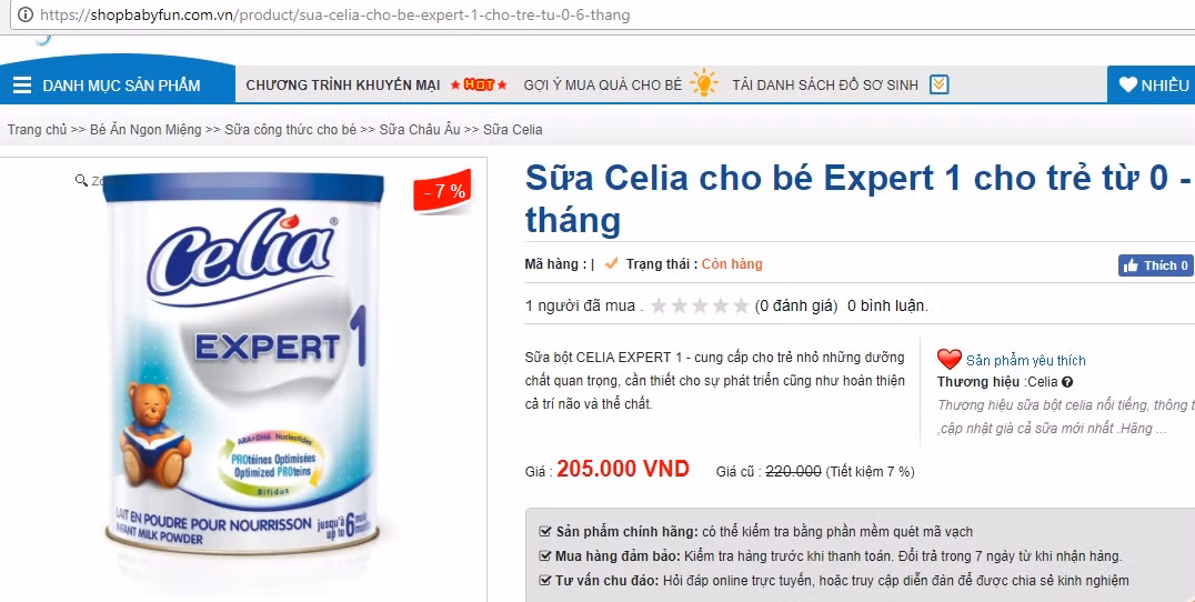 Các dòng sản phẩm sữa Celia vẫn quảng cáo rao bán trên trang shopbabyfun.com.vn. Ảnh chụp màn hình.