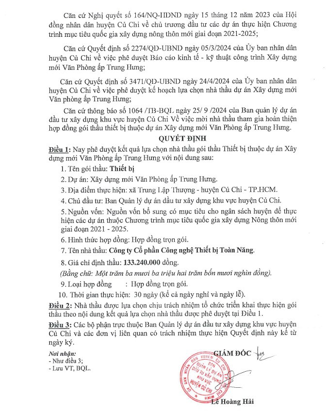 TP HCM: Cty Toàn Năng được chỉ định 6 gói thầu thiết bị tại Củ Chi - Hình 2 TP HCM: Cty Toan Nang duoc chi dinh 6 goi thau thiet bi tai Cu Chi-Hinh-2