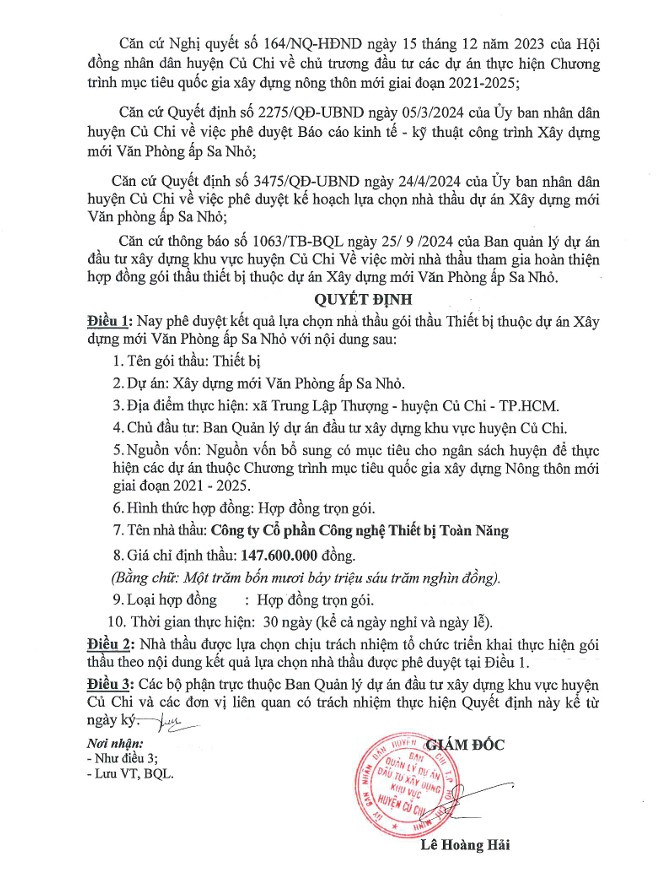 TP HCM: Cty Toàn Năng được chỉ định 6 gói thầu thiết bị tại Củ Chi - Hình 4 TP HCM: Cty Toan Nang duoc chi dinh 6 goi thau thiet bi tai Cu Chi-Hinh-4