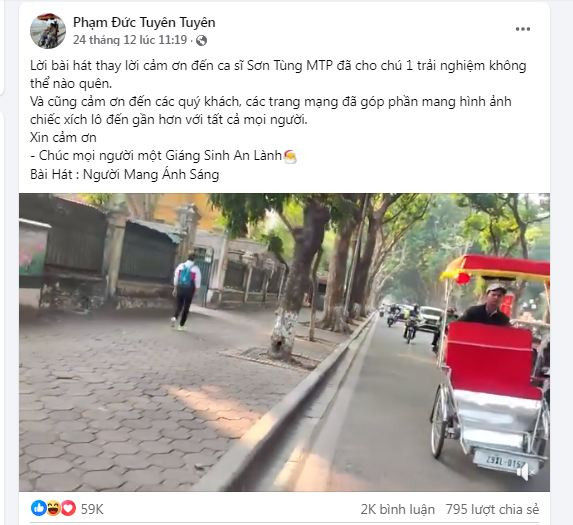 Anh Tuyên còn đăng tải một bài hát gửi đến Sơn Tùng cũng như cộng đồng mạng thu hút gần 60.000 lượt yêu thích: "Lời bài hát thay lời cảm ơn đến ca sĩ Sơn Tùng M-TP đã cho chú một trải nghiệm không thể nào quên. Và cũng cảm ơn đến các quý khách, các trang mạng đã góp phần mang hình ảnh chiếc xích lô đến gần hơn với tất cả mọi người". (Ảnh: Phạm Đức Tuyên Tuyên)