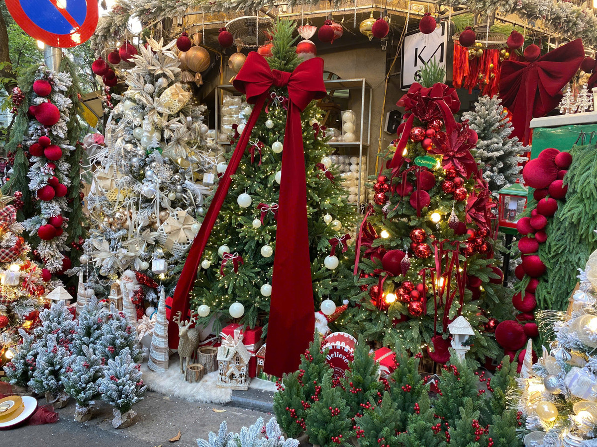 Có những cửa hàng hút khách đến tham quan, chụp ảnh bằng cách dựng nhiều cây thông được trang trí khác nhau.