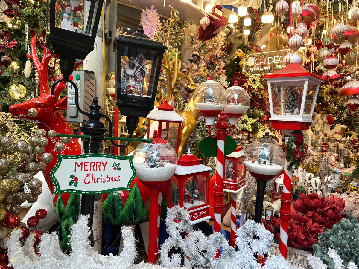 Theo ghi nhận, đồ chơi và đồ trang trí Giáng sinh năm nay tại phố Hàng Mã đa dạng, có nhiều mẫu mã, kiểu dáng. Các mặt hàng quen thuộc trong dịp Giáng sinh được bày bán như: Cây thông, vòng nguyệt quế, ông già Noel, người Tuyết…