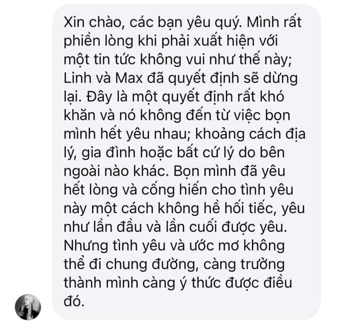 Những ngày qua, nhiều fan vô cùng tiếc nuối khi chuyện tình 2 năm của Linh Ngọc Đàm và bạn trai ngoại quốc là Max Shu đã chính thức kết thúc.