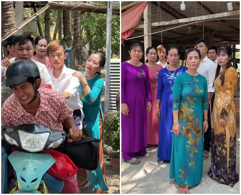 Thậm chí trong một vài cảnh quay cần đông người, anh chàng còn huy động cả xóm ra diễn cùng khiến nhiều người ngỡ ngàng. (Ảnh: Tiktok Lê Tuấn Khang)