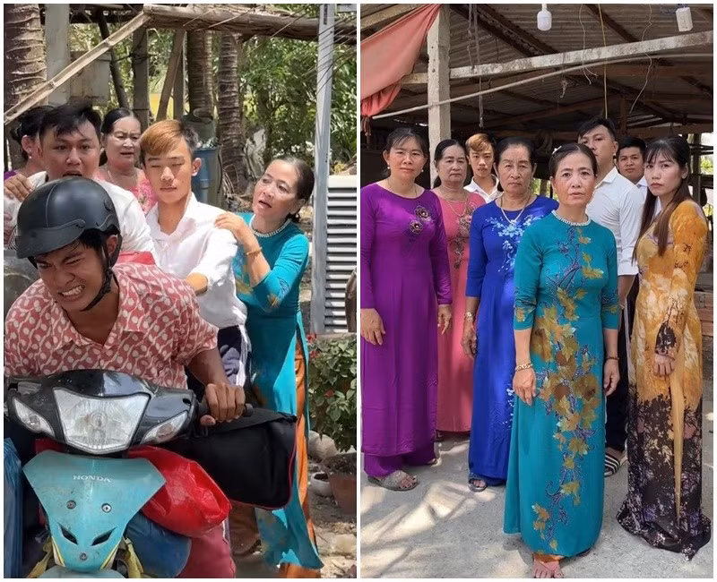 Thậm chí trong một vài cảnh quay cần đông người, anh chàng còn huy động cả xóm ra diễn cùng khiến nhiều người ngỡ ngàng. (Ảnh: Tiktok Lê Tuấn Khang)