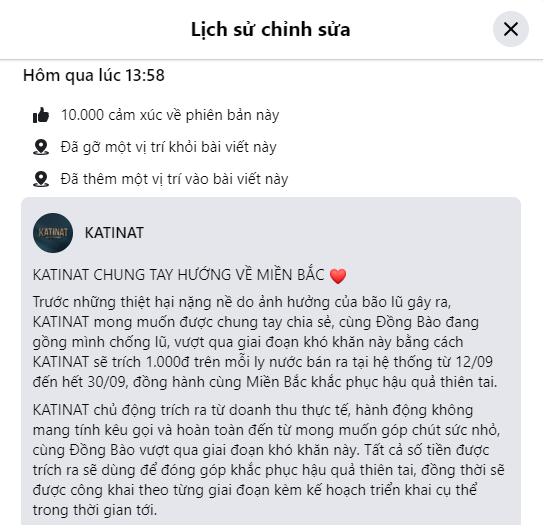 Sau đó, KATINAT đã phải chỉnh sửa lại bài đăng, thêm vào nội dung: "KATINAT chủ động trích ra từ doanh thu thực tế, hành động không mang tính kêu gọi và hoàn toàn đến từ mong muốn góp chút sức nhỏ, cùng Đồng Bào vượt qua giai đoạn khó khăn này".