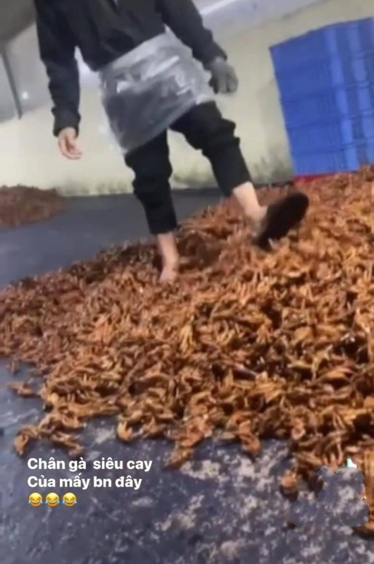 Người đàn ông trong clip vừa dẫm, vừa đá tung những chiếc chân gà lên.