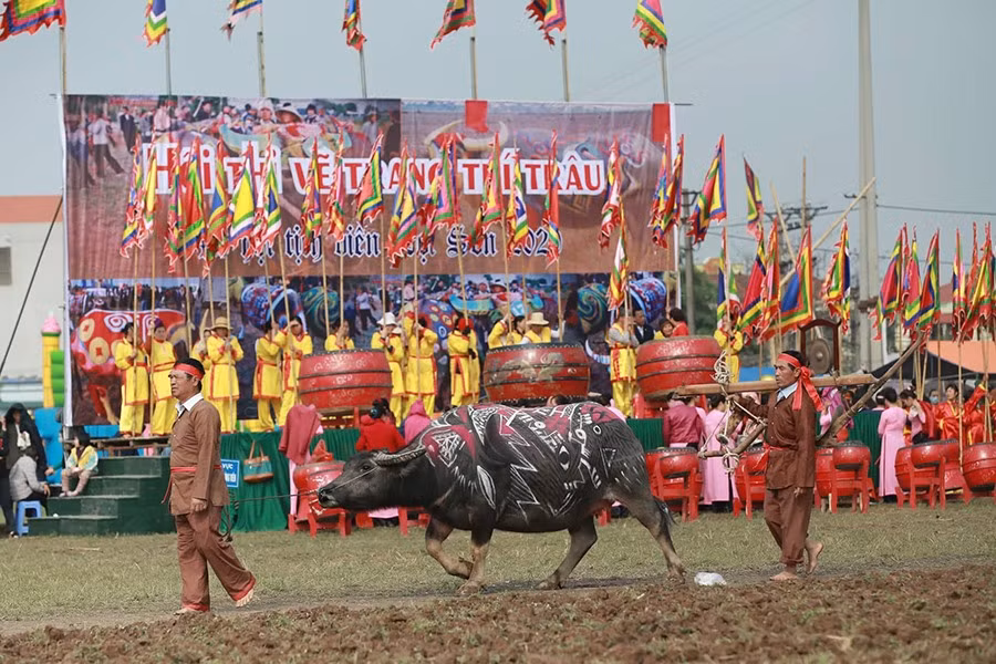  Lễ hội Tịch Điền Đọi Sơn: Diễn ra trong khoảng mùng 5 đến mùng 7 tháng Giêng, lễ hội Tịch Điền Đọi Sơn, huyện Duy Tiên, Hà Nam mang ý nghĩa khuyến nông, là nét đẹp văn hóa trở về nguồn cội, có lịch sử diễn ra từ thế kỷ X trên quê hương vua Lê Đại Hành và được khôi phục sau nhiều năm thất truyền kể từ năm 2009. (Ảnh: Lao Động)