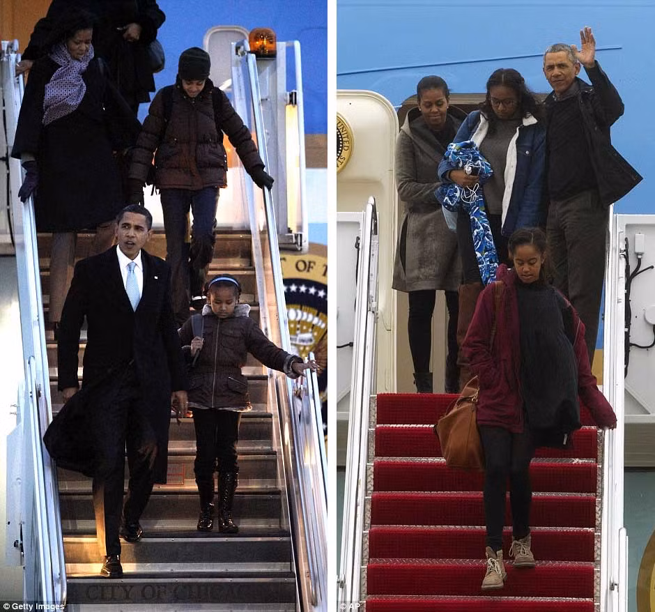 Hình ảnh so sánh ở hai thời điểm: một khi gia đình tân Tổng thống Obama quay trở lại sau chuyến đi nghỉ ở Chicago cách đây 8 năm trước (ảnh trái) và bây giờ. Ảnh Daily Mail