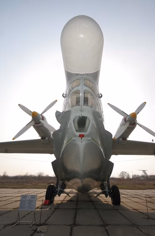 Be-12 có cấu tạo cánh giống hình cánh chim hải âu và đuôi có dạng 3 nhánh (phần đuôi kéo dài ra, có 2 cánh đuôi xếp thẳng đứng, đối xứng). Kết cấu trên giúp máy bay có thể bay lượn dễ dàng đặc biệt là trong điều kiện hoạt động trên biển tương tự như loài hải âu - một loài chim biển. Ảnh: Cận cảnh mũi bọc kính máy bay Be-12.