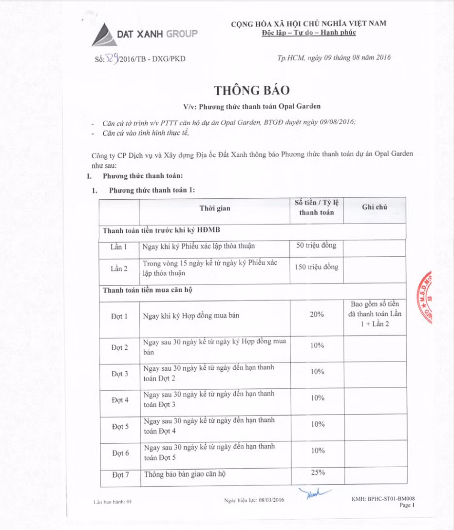 Một phần thông báo phương thức thanh toán của tập đoàn Đất Xanh. Ảnh chụp từ website dự án ngày 3/4/2017.