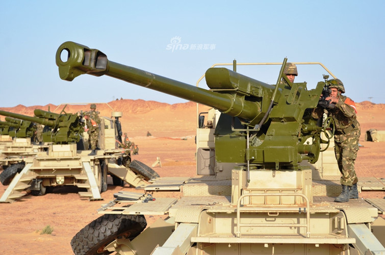 Trong đó có mẫu pháo tự hành do Algeria tự sản xuất dựa trên mẫu lựu pháo 122mm D-30 của Liên Xô. Trong ảnh là pháo D-30 được Algeria đặt trên khung gầm bánh lốp 6x6 Mercedes-BenZ. Nguồn ảnh: Sina.