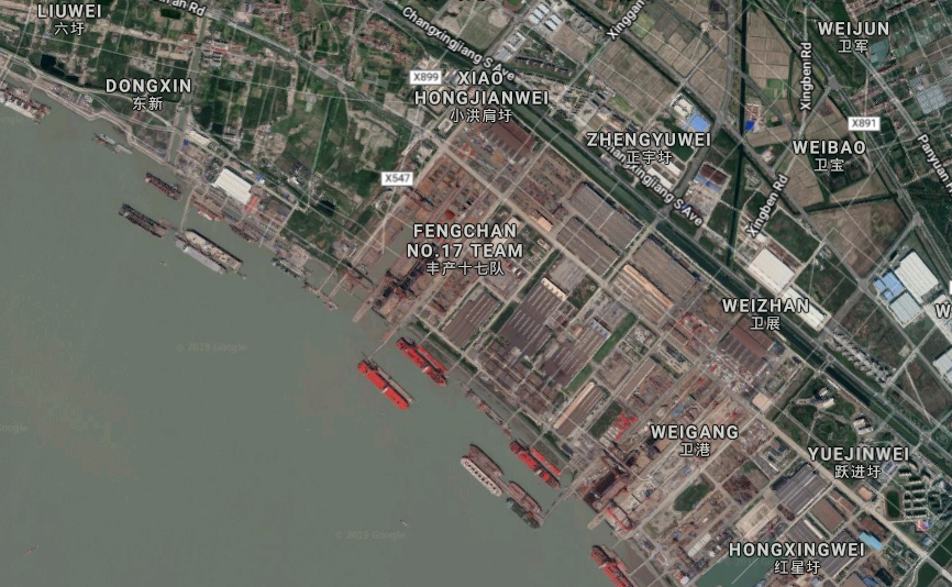 Toàn cảnh nhà máy đóng tàu Giang Nam, Trung Quốc từ ảnh chụp vệ tinh. Nguồn ảnh: GGMaps.