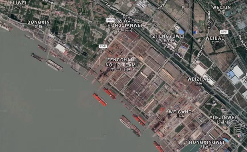 Toàn cảnh nhà máy đóng tàu Giang Nam, Trung Quốc từ ảnh chụp vệ tinh. Nguồn ảnh: GGMaps.