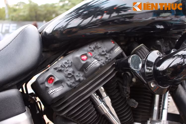 Nắp cam của xe cũng được thiết kế vô cùng độc đáo với những hình đầu lâu dập nổi cùng với các viên đá màu đỏ làm mắt cực kỳ ấn tượng.