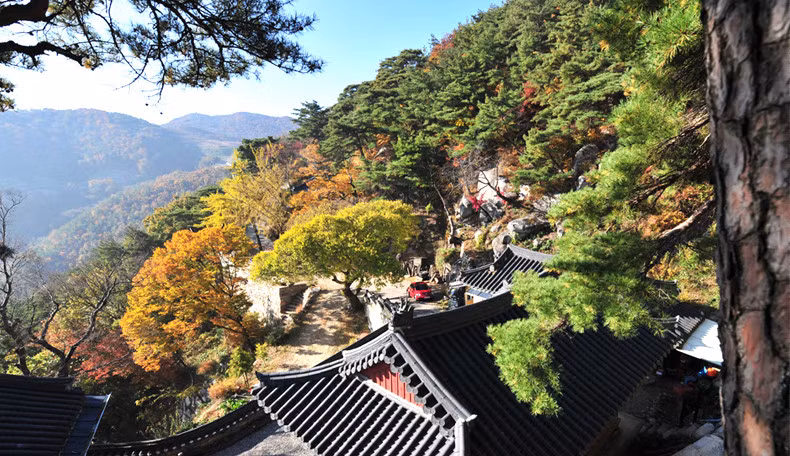  Tu viện Jeongchwiam: Địa điểm này nằm ở trên đỉnh vách đá Daesongsanjeong. Công trình do một tu sĩ Phật giáo xây dựng vào năm thứ 6 dưới thời vua Sinmun của Vương quốc Silla. Khi đứng trên tu viện nhìn xuống cảnh sắc xung quanh, bất cứ ai cũng cảm nhận được sự thanh thản, xóa tan mọi ưu phiền trong tâm trí và thoát khỏi những mệt mỏi của cuộc sống thường nhật. Ảnh: Sancheong.