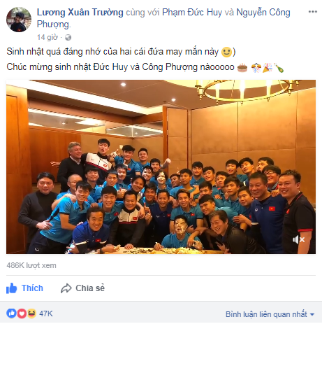 Đội trưởng Lương Xuân Trường đăng tải video toàn đội tuyển U23 Việt Nam chúc mừng sinh nhật Công Phượng và Đức Huy sau chiến thắng Iraq. "Sinh nhật quá đáng nhớ của hai cái đứa may mắn này! Chúc mừng sinh nhật Đức Huy và Công Phượng nào!".