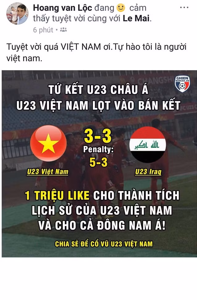Sự phấn khích, mừng vui với chiến thắng lịch sử của U23 Việt Nam còn được lan tỏa mạnh mẽ trên mạng xã hội. Sau khi trận đấu kết thúc, khắp các fanpage, các trang cá nhân... tràn ngập các dòng cảm thán, hình ảnh lá cờ Tổ quốc và những status thể hiện niềm vui, niềm tự hào khi lần đầu tiên U23 Việt Nam lọt vào top 4 đội bóng mạnh nhất châu lục. Nickname Hoàng Văn Lộc viết: "Tuyệt quá Việt Nam ơi. Tự hào tôi là người Việt Nam! Đội chúng ta đá quá hay, xem mà như nghẹt thở! Nhưng cuối cùng chiến thắng vẫn thuộc về chúng ta, những người xứng đáng nhất!".