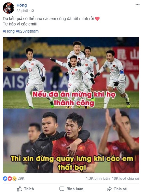 "Dù kết quả có thế nào thì chúng ta cũng đã cố gắng hết mình. Không sao cả. Tiến lên Việt Nam! Việt Nam vô địch!".