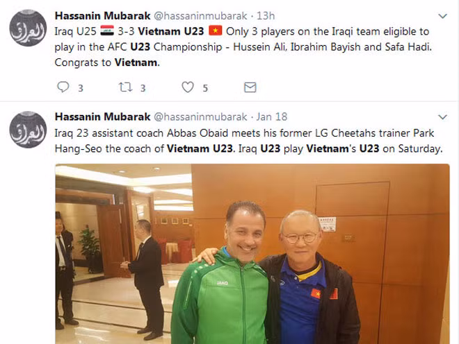 Một nhà báo của Iraq tiết lộ đội U23 Việt Nam đã giành chiến thắng đội U25 Iraq.